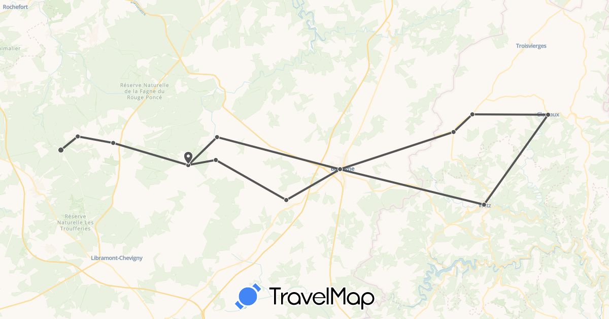 TravelMap itinerary: driving, motorbike in Belgium, Luxembourg (Europe)